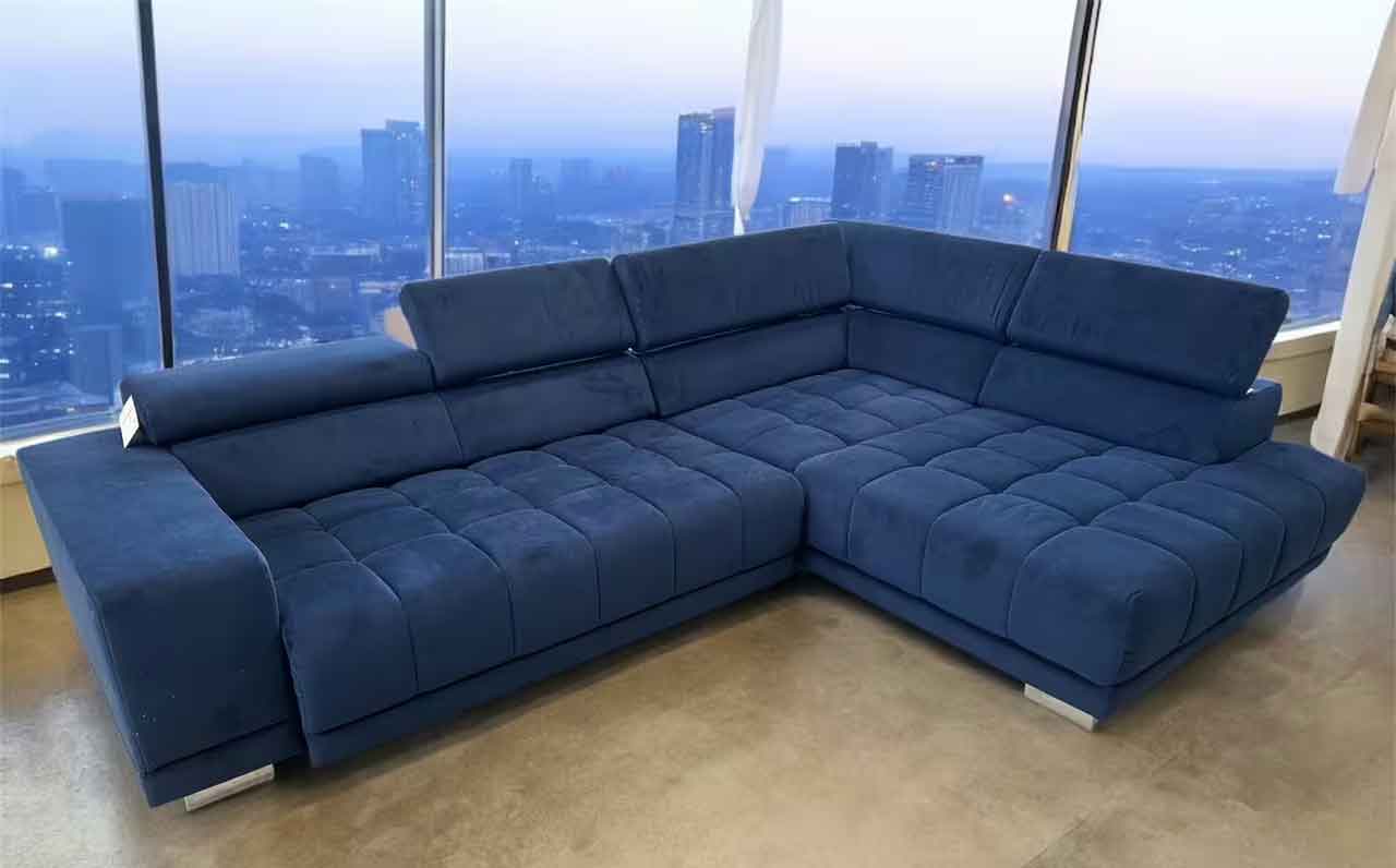 Megapol Satellite Ecksofa mit Samt blau mit Vorziehbank
